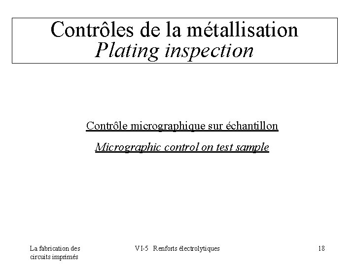 Contrôles de la métallisation Plating inspection Contrôle micrographique sur échantillon Micrographic control on test
