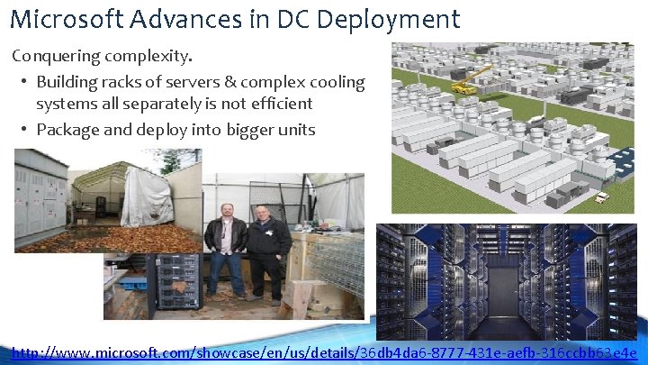 Microsoft Advances in DC Deployment Conquering complexity. • Building racks of servers & complex