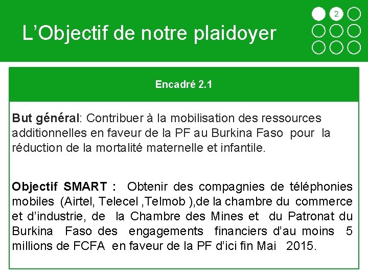 L’Objectif de notre plaidoyer Encadré 2. 1 But général: Contribuer à la mobilisation des