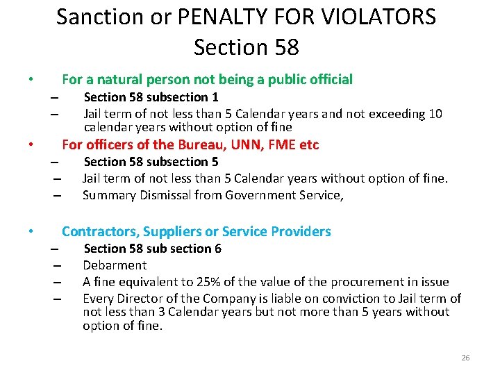 Sanction or PENALTY FOR VIOLATORS Section 58 • – – – • – –