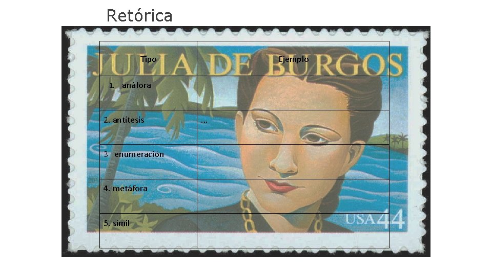 Retórica Tipo 1. Ejemplo anáfora 2. antítesis 3 enumeración 4. metáfora 5. símil .