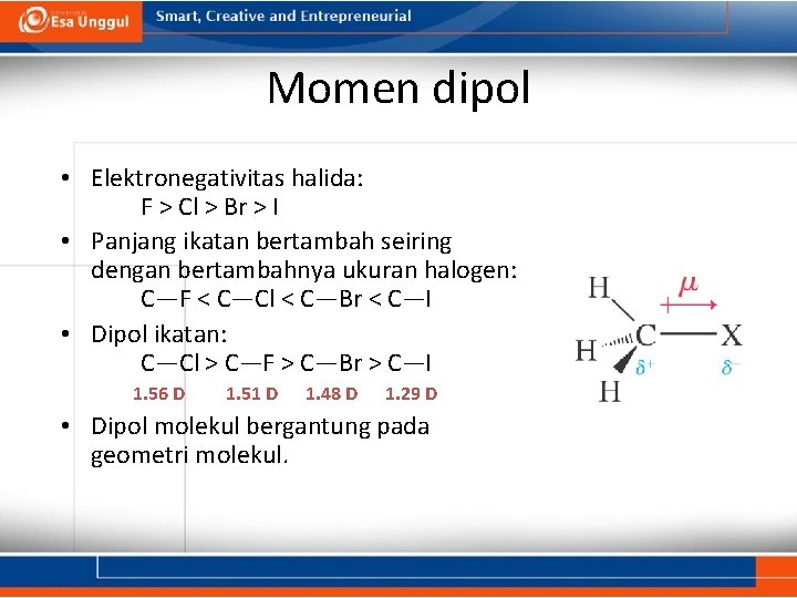 Momen dipol • Elektronegativitas halida: F > Cl > Br > I • Panjang