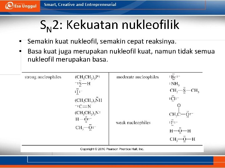 SN 2: Kekuatan nukleofilik • Semakin kuat nukleofil, semakin cepat reaksinya. • Basa kuat
