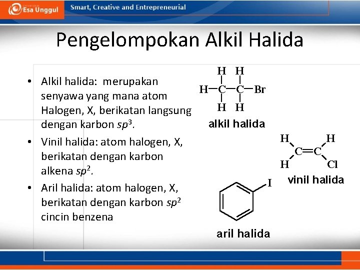 Pengelompokan Alkil Halida H H • Alkil halida: merupakan H C C Br senyawa