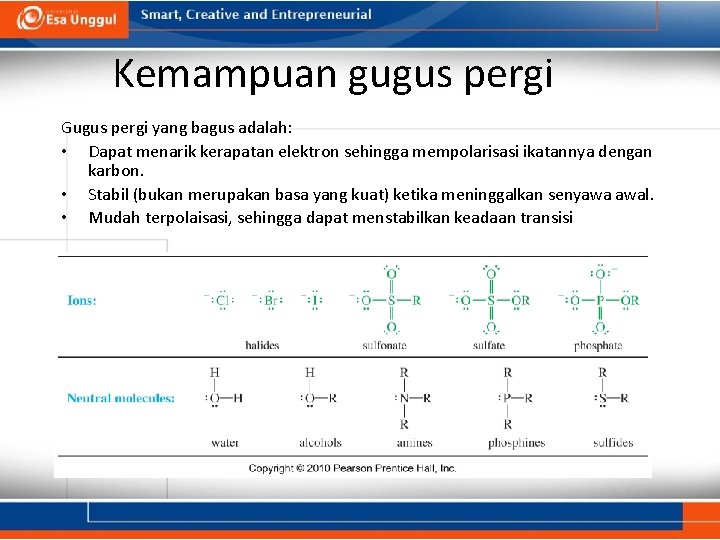 Kemampuan gugus pergi Gugus pergi yang bagus adalah: • Dapat menarik kerapatan elektron sehingga