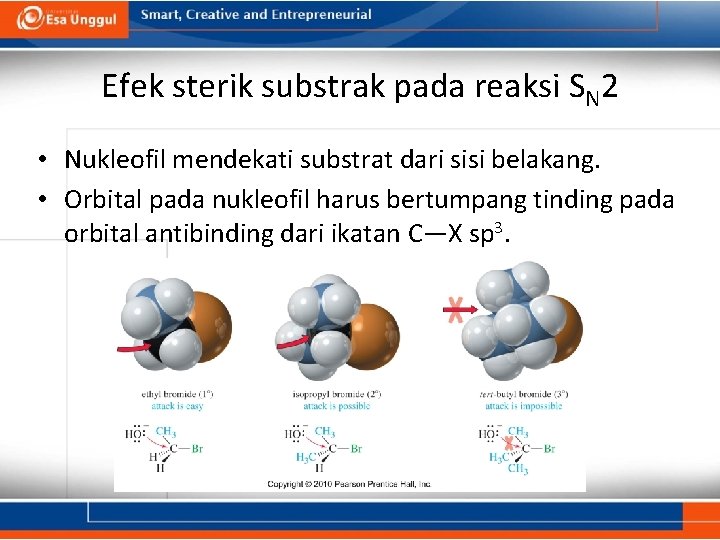 Efek sterik substrak pada reaksi SN 2 • Nukleofil mendekati substrat dari sisi belakang.