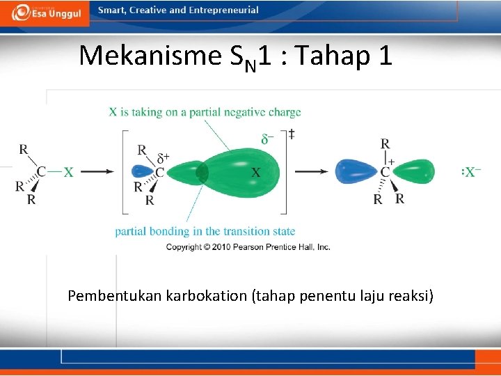 Mekanisme SN 1 : Tahap 1 Pembentukan karbokation (tahap penentu laju reaksi) 