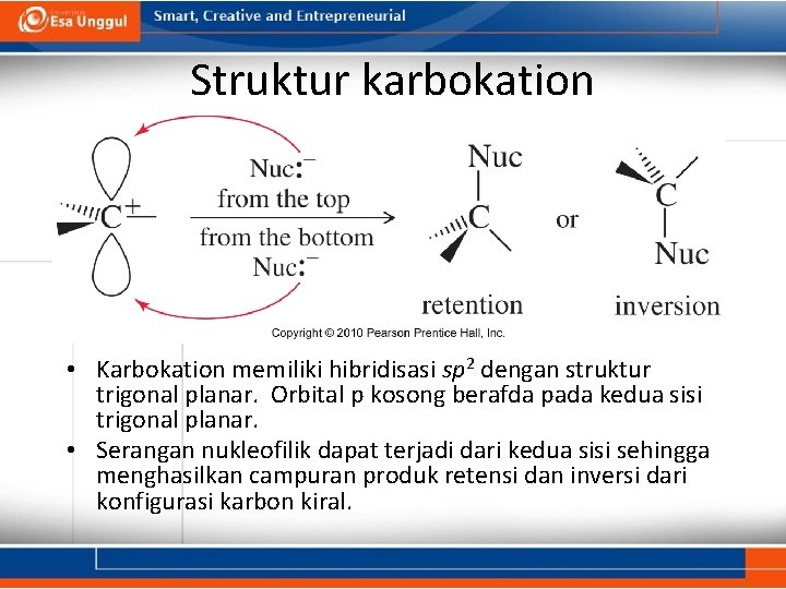 Struktur karbokation • Karbokation memiliki hibridisasi sp 2 dengan struktur trigonal planar. Orbital p