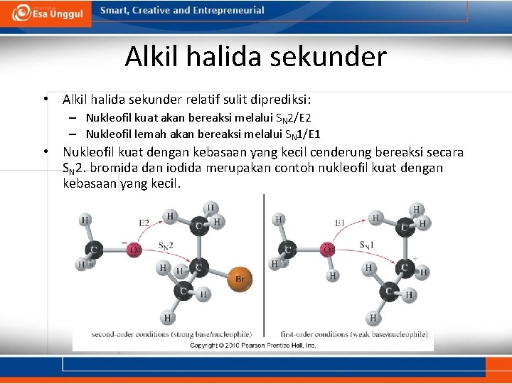 Alkil halida sekunder • Alkil halida sekunder relatif sulit diprediksi: – Nukleofil kuat akan