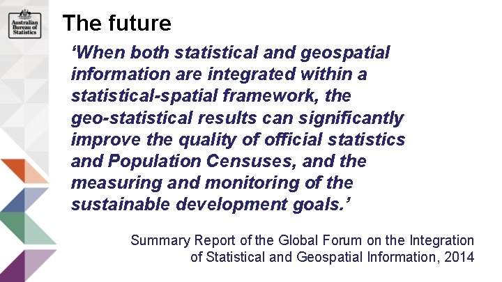 The future ‘When both statistical and geospatial information are integrated within a statistical-spatial framework,