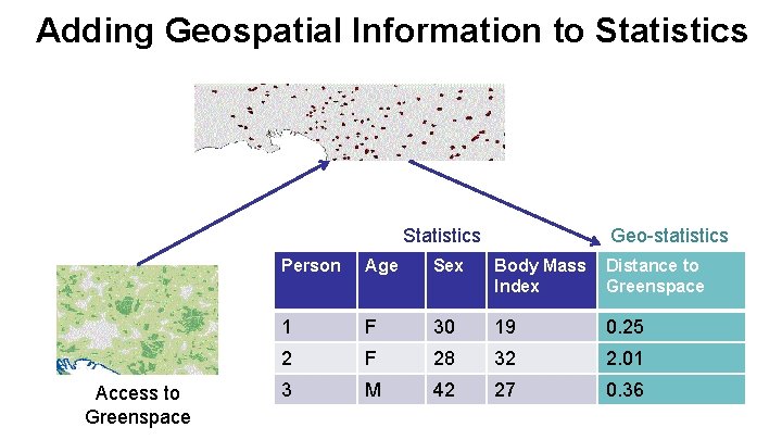 Adding Geospatial Information to Statistics Access to Greenspace Geo-statistics Person Age Sex Body Mass