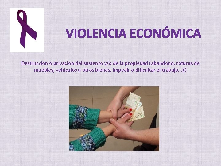 VIOLENCIA ECONÓMICA Destrucción o privación del sustento y/o de la propiedad (abandono, roturas de