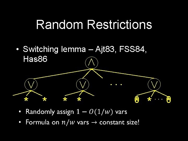 Random Restrictions • Switching lemma – Ajt 83, FSS 84, Has 86 * 1*