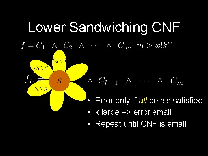 Lower Sandwiching CNF • Error only if all petals satisfied • k large =>