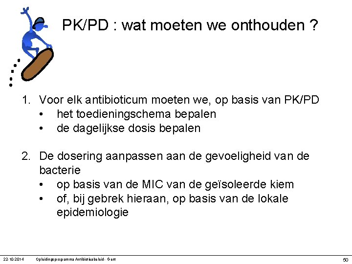 PK/PD : wat moeten we onthouden ? 1. Voor elk antibioticum moeten we, op