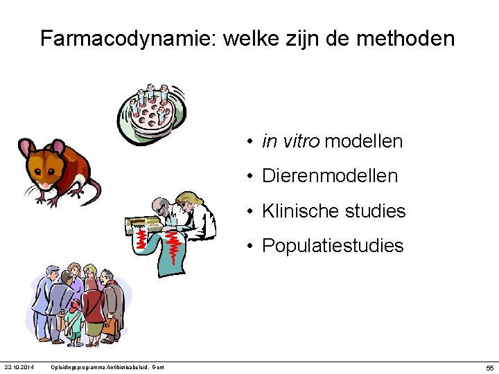 Farmacodynamie: welke zijn de methoden • in vitro modellen • Dierenmodellen • Klinische studies