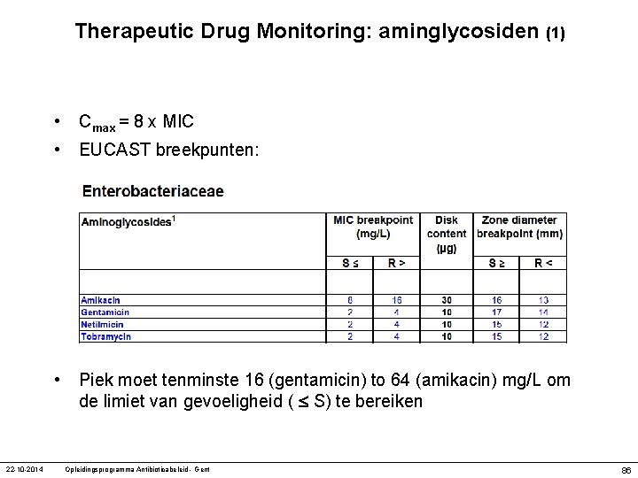 Therapeutic Drug Monitoring: aminglycosiden (1) 22 -10 -2014 • Cmax = 8 x MIC