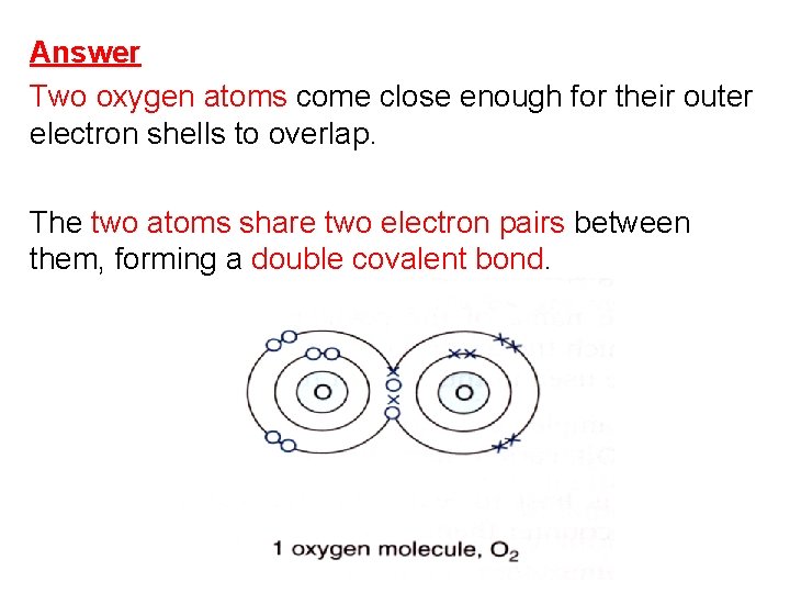 Answer Two oxygen atoms come close enough for their outer electron shells to overlap.