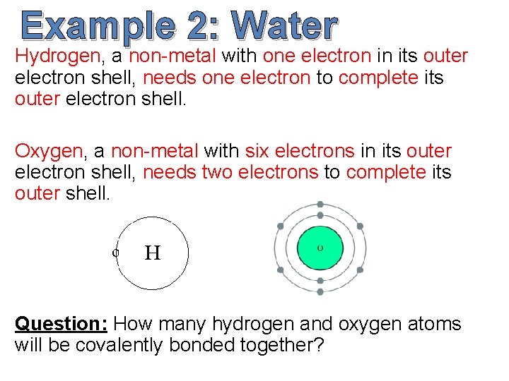 Example 2: Water Hydrogen, a non-metal with one electron in its outer electron shell,