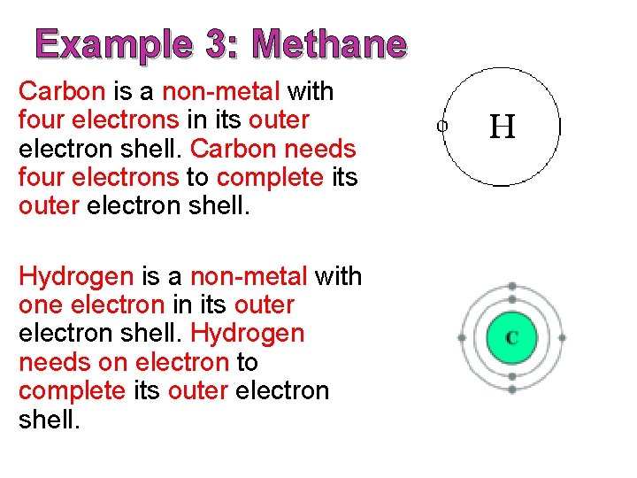 Example 3: Methane Carbon is a non-metal with four electrons in its outer electron