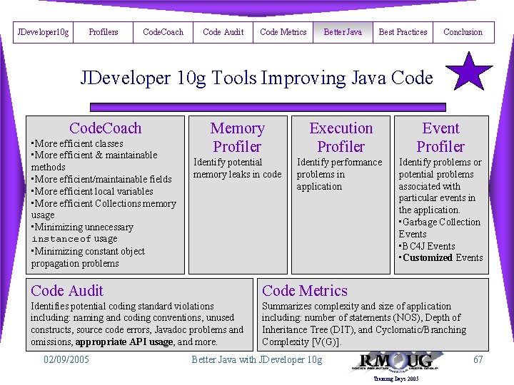 JDeveloper 10 g Profilers Code. Coach Code Audit Code Metrics Better Java Best Practices