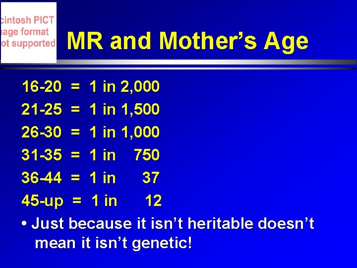MR and Mother’s Age 16 -20 = 1 in 2, 000 21 -25 =