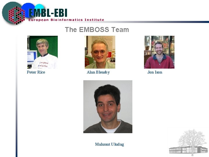 The EMBOSS Team Peter Rice Alan Bleasby Mahmut Uludag Jon Ison 