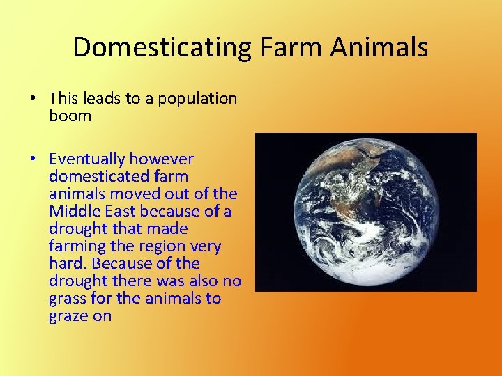 Domesticating Farm Animals • This leads to a population boom • Eventually however domesticated