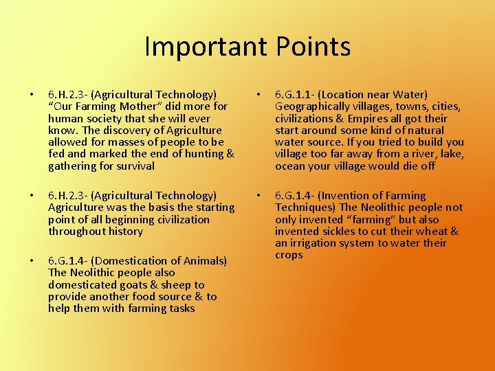 Important Points • 6. H. 2. 3 - (Agricultural Technology) “Our Farming Mother” did