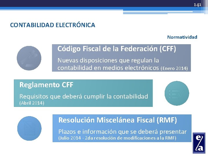 141 CONTABILIDAD ELECTRÓNICA Normatividad Código Fiscal de la Federación (CFF) Nuevas disposiciones que regulan