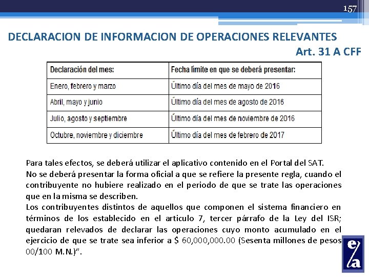 157 DECLARACION DE INFORMACION DE OPERACIONES RELEVANTES Art. 31 A CFF Para tales efectos,