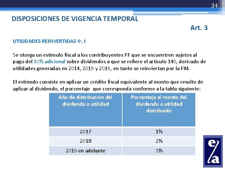 34 DISPOSICIONES DE VIGENCIA TEMPORAL Art. 3 UTILIDADES REINVERTIDAS fr. I Se otorga un