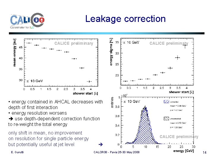 Leakage correction CALICE preliminary • energy contained in AHCAL decreases with depth of first