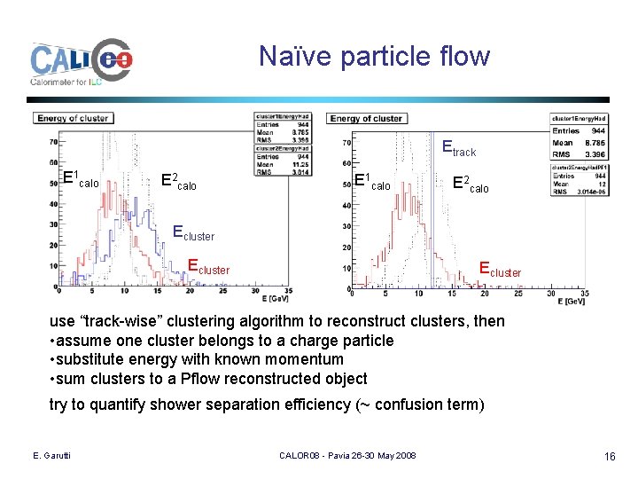 Naïve particle flow Etrack E 1 calo E 2 calo Ecluster use “track-wise” clustering