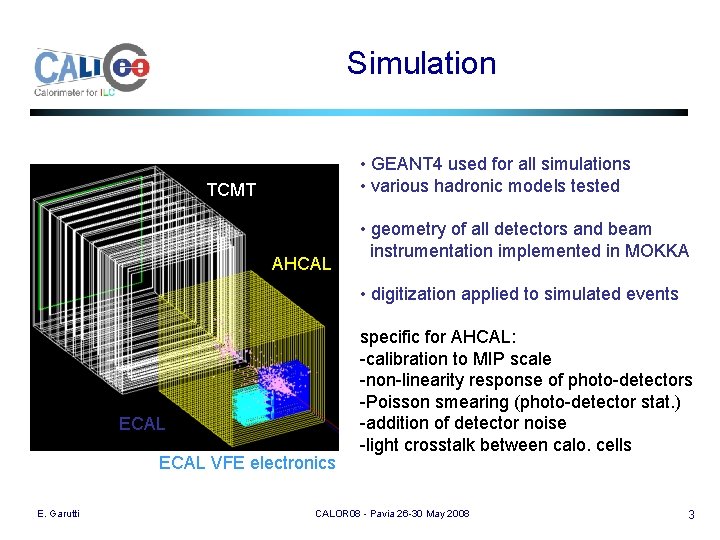 Simulation • GEANT 4 used for all simulations • various hadronic models tested TCMT
