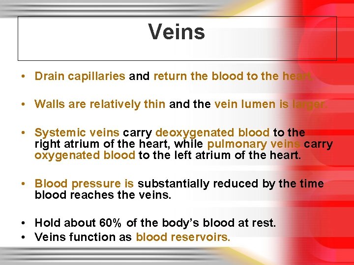 Veins • Drain capillaries and return the blood to the heart. • Walls are