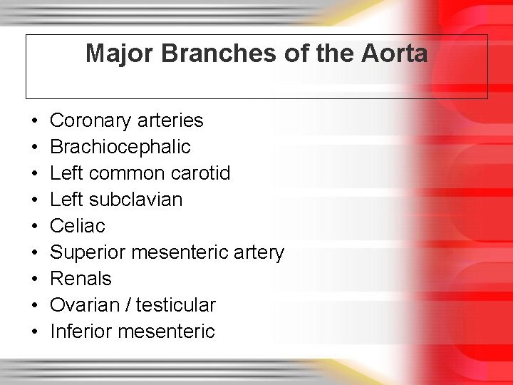 Major Branches of the Aorta • • • Coronary arteries Brachiocephalic Left common carotid