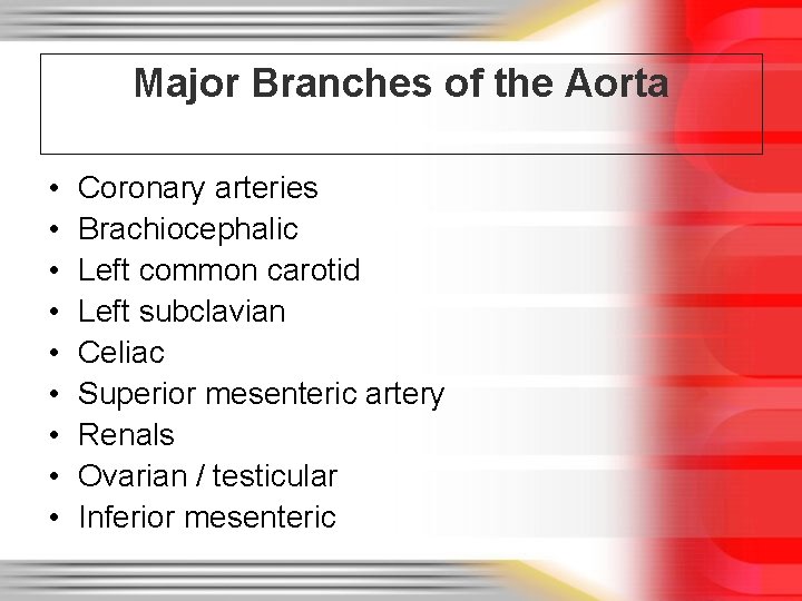 Major Branches of the Aorta • • • Coronary arteries Brachiocephalic Left common carotid