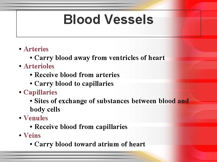 Blood Vessels • Arteries • Carry blood away from ventricles of heart • Arterioles