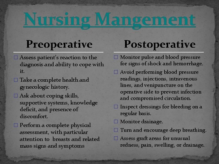 Nursing Mangement Preoperative � Assess patient’s reaction to the diagnosis and ability to cope