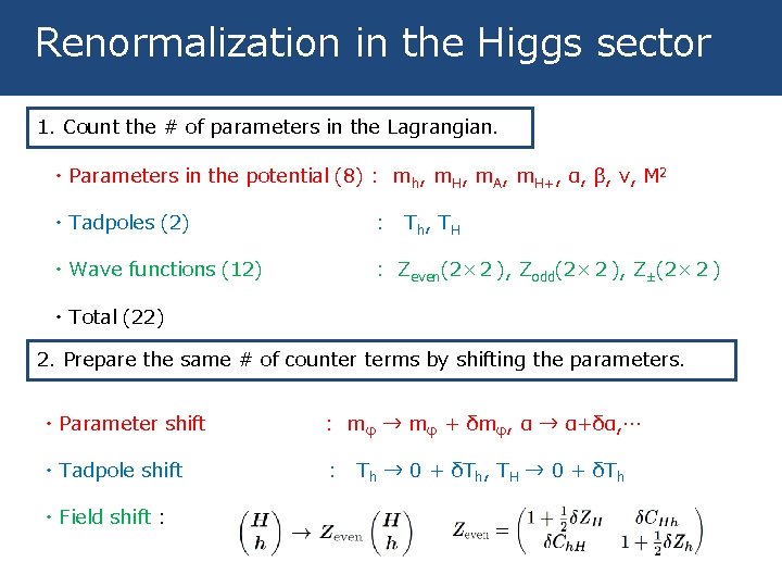 Renormalization in the Higgs sector 1. Count the # of parameters in the Lagrangian.