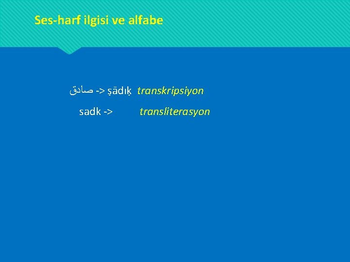 Ses-harf ilgisi ve alfabe ﺻﺎﺩﻕ -> ṣādıḳ transkripsiyon sadk -> transliterasyon Ses-harf ilgisi ve alfabe ﺻﺎﺩﻕ -> ṣādıḳ transkripsiyon sadk -> transliterasyon