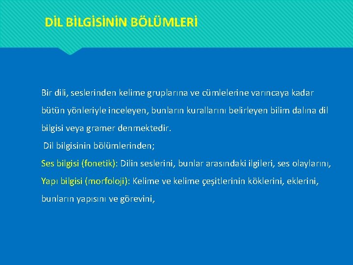 DİL BİLGİSİNİN BÖLÜMLERİ Bir dili, seslerinden kelime gruplarına ve cümlelerine varıncaya kadar bütün yönleriyle DİL BİLGİSİNİN BÖLÜMLERİ Bir dili, seslerinden kelime gruplarına ve cümlelerine varıncaya kadar bütün yönleriyle