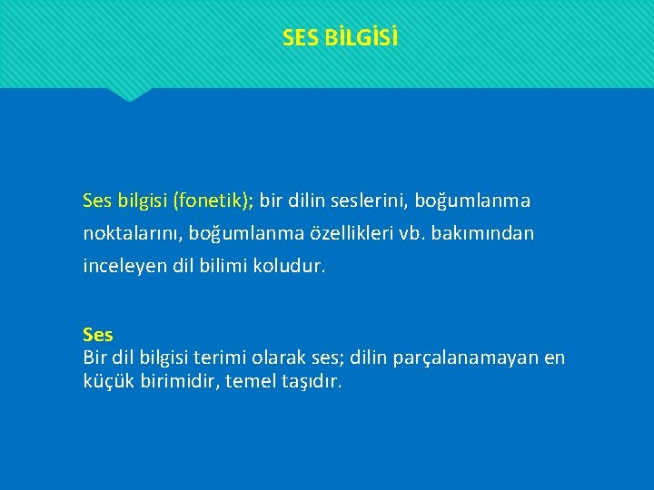 SES BİLGİSİ Ses bilgisi (fonetik); bir dilin seslerini, boğumlanma noktalarını, boğumlanma özellikleri vb. bakımından SES BİLGİSİ Ses bilgisi (fonetik); bir dilin seslerini, boğumlanma noktalarını, boğumlanma özellikleri vb. bakımından