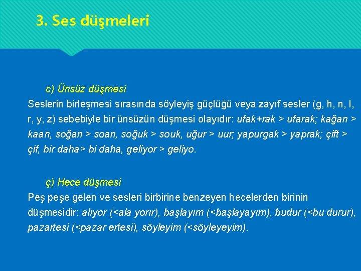 3. Ses düşmeleri c) Ünsüz düşmesi Seslerin birleşmesi sırasında söyleyiş güçlüğü veya zayıf sesler 3. Ses düşmeleri c) Ünsüz düşmesi Seslerin birleşmesi sırasında söyleyiş güçlüğü veya zayıf sesler
