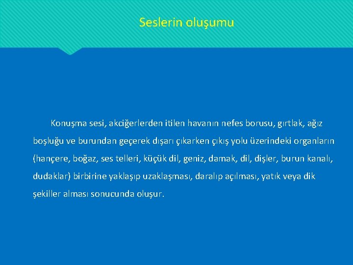 Seslerin oluşumu Konuşma sesi, akciğerlerden itilen havanın nefes borusu, gırtlak, ağız boşluğu ve burundan Seslerin oluşumu Konuşma sesi, akciğerlerden itilen havanın nefes borusu, gırtlak, ağız boşluğu ve burundan