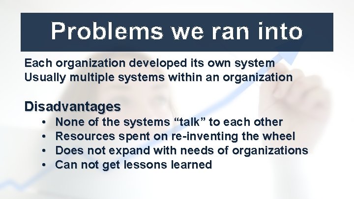 Problems we ran into Each organization developed its own system Usually multiple systems within