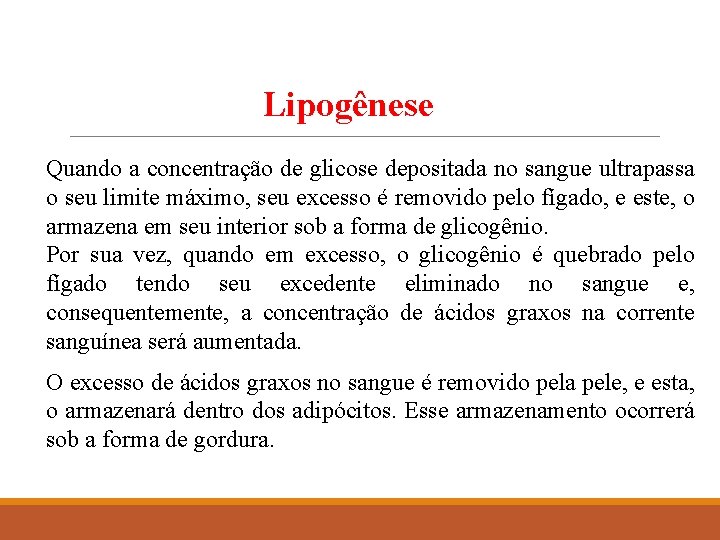 Lipogênese Quando a concentração de glicose depositada no sangue ultrapassa o seu limite máximo,