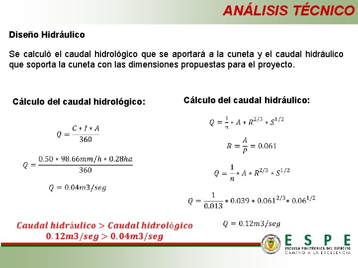 ANÁLISIS TÉCNICO Diseño Hidráulico Se calculó el caudal hidrológico que se aportará a la