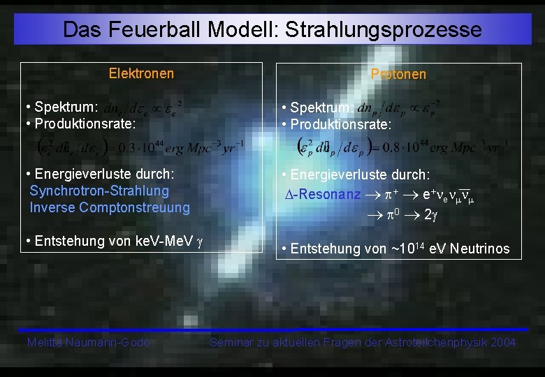 Das Feuerball Modell: Strahlungsprozesse Elektronen Protonen • Spektrum: • Produktionsrate: • Energieverluste durch: Synchrotron-Strahlung